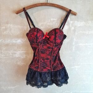 979. red & black floral lace corset bustier lingerie bra top, S